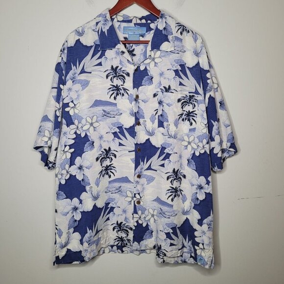 Bermuda Bay 100% silk Blue and white Tropical Floral Hawaiian button up XL - Picture 10 of 10